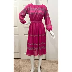 Vintage 70 80s Montclair Fashions Secretary pleated floral Fushia Dress Size S/M